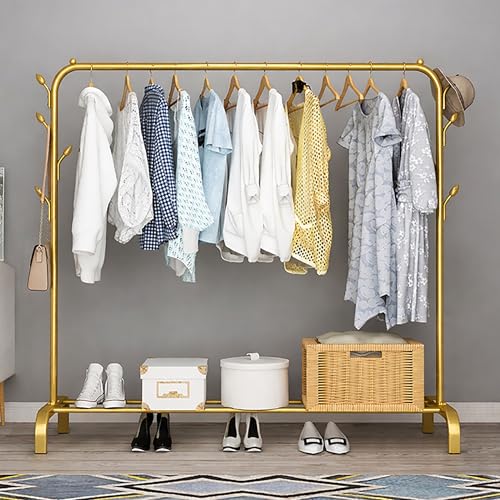 Image of Oumffy Multipurpose Curved Metal Garment Rack Clothes Rail Freestanding Pole Garment Stand with Bottom Shelves & Side Hook Tower Shelf Hanging Handbag Umbrella Large for Man, Women, Kids (Golden)
