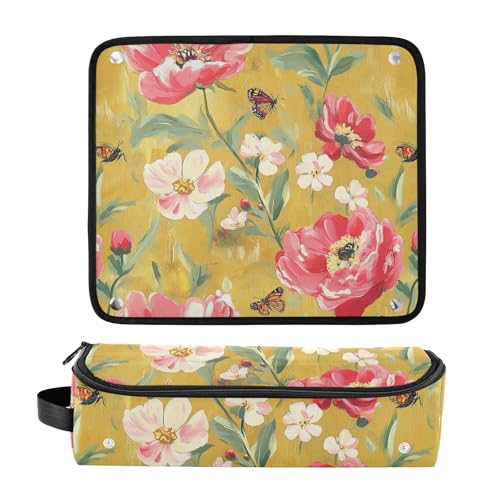 Bolsa de viaje para herramientas de cabello con esterilla resistente al calor para plancha, rizador y accesorios de cuidado capilar, diseño flores de primavera y mariposas doradas miniatura 3