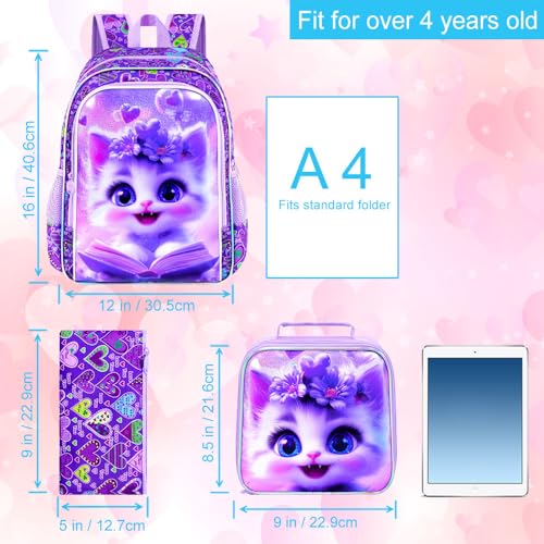 Image of CCJPX 3Pcs Cat Backpack for Girls, 16 inch Kids Bookbag with Lunch Box, Water Resistant Elementary School Bag for Kindergarten Preschool Toddler (Purple)