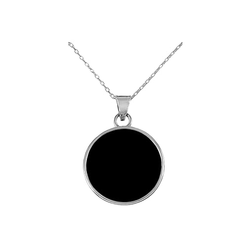 Collar con colgante redondo hecho a mano de plata de ley 925 con ónix plano negro de 0.787 in con cadena de 16+2 pulgadas para mujer Black - 20mm /