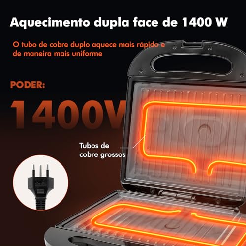 Sanduicheira Grill, Sanduicheira Elétrica, Adequado para Sanduíches, Waffles, Bifes, Bacon, Quiche,