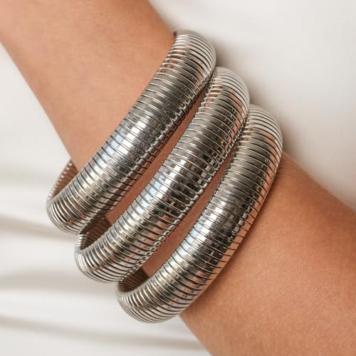 Ettika Gold Bangles For Women. Chunky Gold Bracelets, Set of Womens Bracelets. 3Pcs Flex Snake Chain Stretch Gold Tone Or Rhodium Plated Bangles2