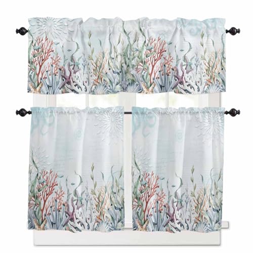 Coastal Kitchen Curtains 36 Inch Length, 3 Piece Rod Pocket Small Half Tiers and Valance Set, Blue Ocean Coral Starfish Seagrass Nautical Small Large Window Treatment Decor for Bedroom/Bathroom Sink