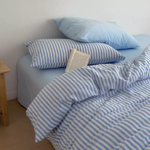 Image of PinkMemory Blue White Striped Duvet Cover Queen 100% Washed Cotton Stripes Patterned Duvet Cover Set Full 3pcs Retro Striped Bedding Set with Zipper Closure Corner Ties,Soft Breathable