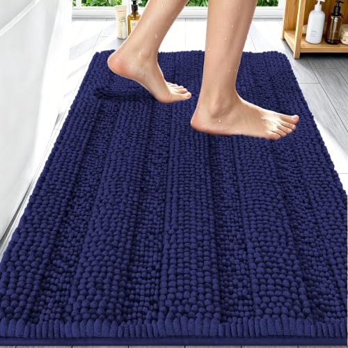 Image of Smiry Thick Chenille Bathroom Rugs 30x20, Extra Absorbent Striped Bath Mat, Machine Washable, Rubber Backing, Bath Rugs for Bathroom, Tub & Shower, Home Decor Accessories, Twilight Sapphire