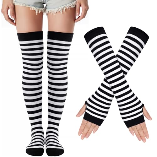 Kiiwah Listras meias até ao joelho e luvas sem dedos para mulher e menina senhoras, Halloween, festas de Natal, cosplay de carnaval e festas de disfarces