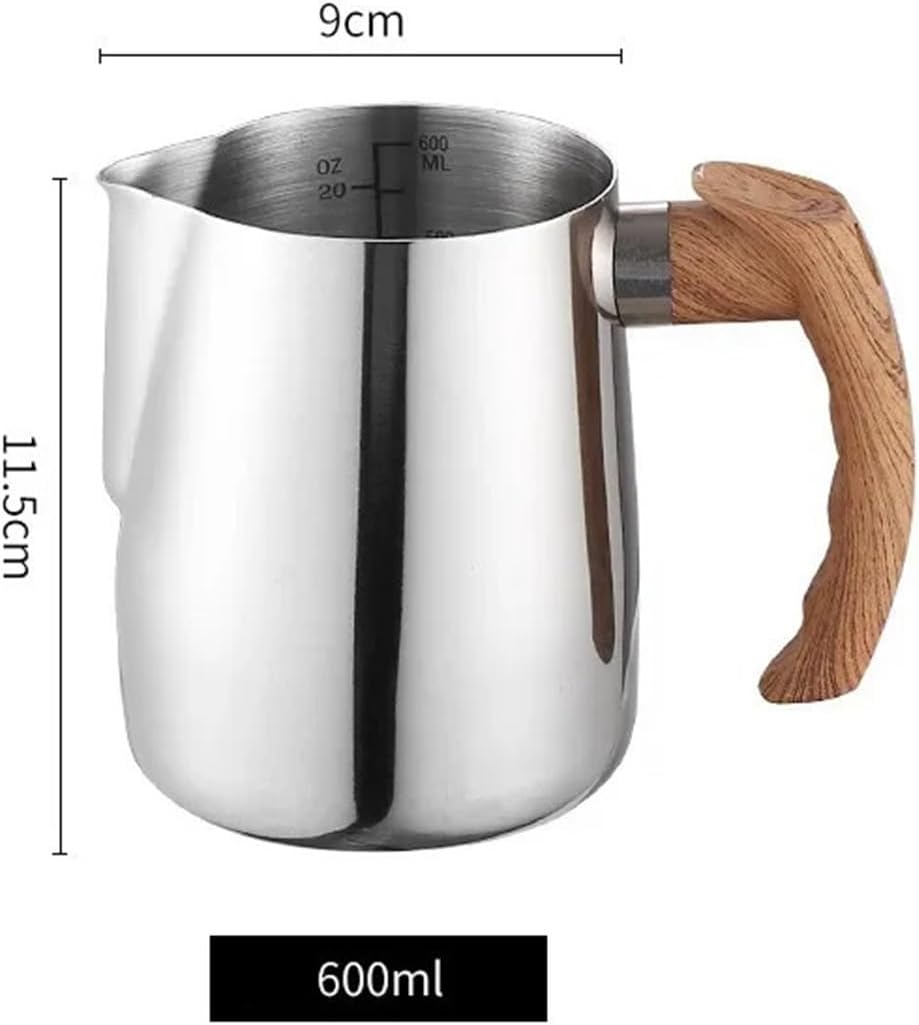 304 Stainless Steel Coffee Milk Frothing Pitcher Jug 600ML Latte Steam Pot With Scale Wooden Handle Cup(Khaki)