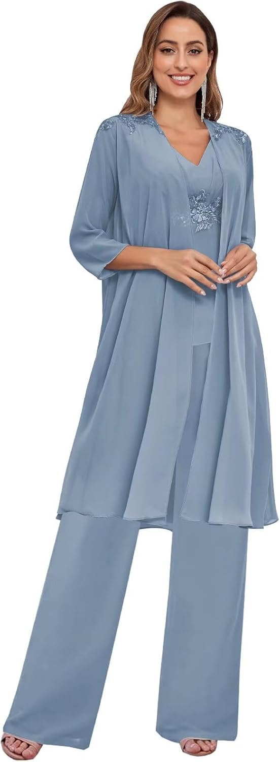 Damen 3-Teiliges Chiffon Hosenanzug Festlich Elegant Mutter Der Braut Hochzeitsoutfit Brautmutter Hosenanzüge Hosen Set Mit Jacke Für Hochzeit