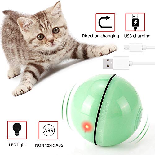 EasyULT Rechargeable Interactif Balle pour Chat, Balle Interactive de Jouets de Chat, Rotative Automatique à 360 Degrés avec Lumière LED, Animaux de Compagnie Chats Chiens Chaser Ball(Vert)