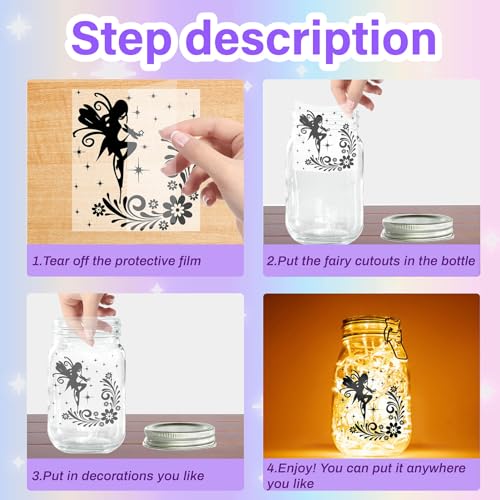 CREATCABIN 12Pcs Fairy Silhouettes Mason Jar Decor Angel Lantern Laser Cutouts Ornaments Pvc Scrapbook Embellishment for Frosted Glass Wall Windows Cars DIY Crafts Xmas Black 3.9x3.5Inch(No Sticker) - Image 4