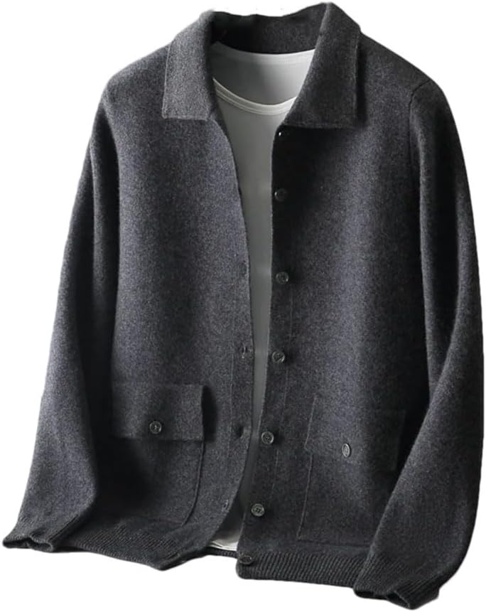 Men's 100 Percent Wool Knitted Cardigan Sweater Long Sleeve Single Breasted Solid Color Cardigans