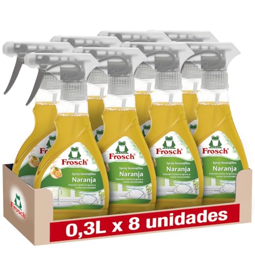 Frosch Spray Lavavajillas Naranja Pack 8x300ml - Limpiador Desengrasante Ecológico con Extractos Naturales - Elimina Grasa e Incrustaciones