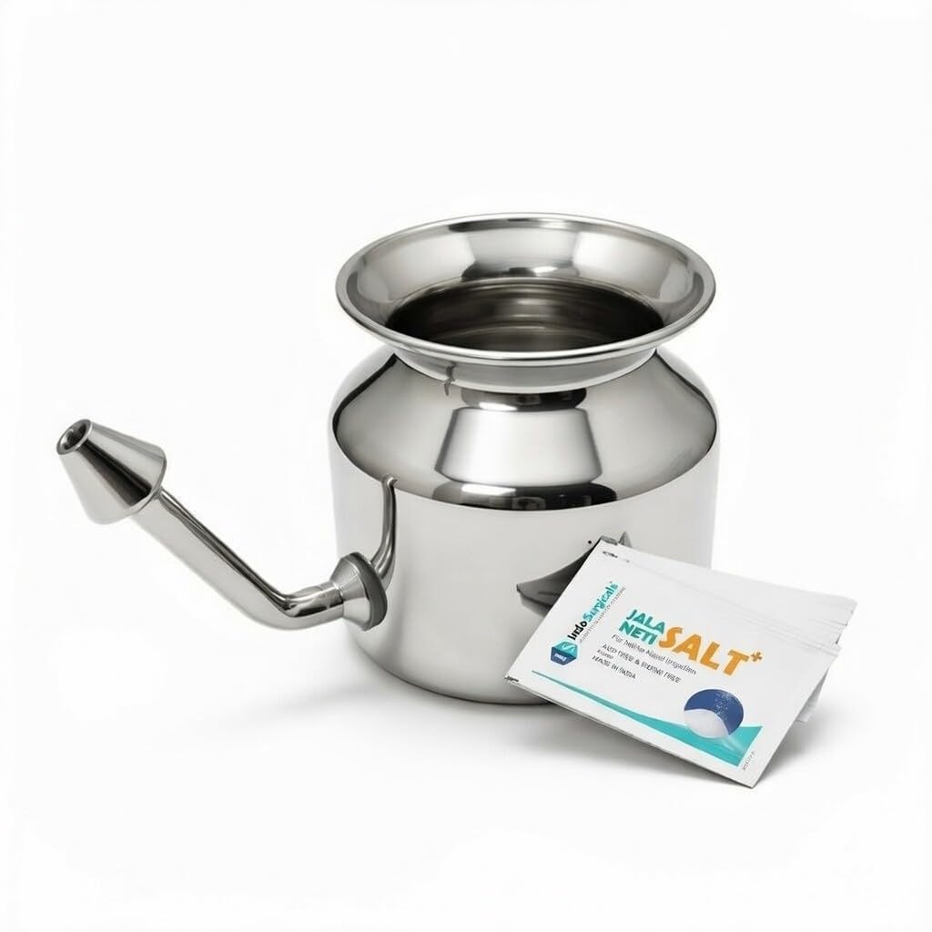 Stainless Steel Ayurvedic Jala Neti Pot for Sinus Congestion With 10 Sachet of Salt Plus
