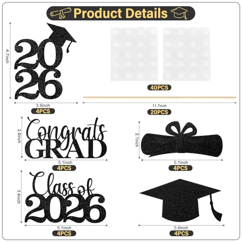 MSZWTDZX Graduation Decorations 2026, 20Pcs Class of 2026 Graduation Centerpieces for Tables, Black Double-Sided Grad Table Centerpieces with Sticks, Grad Party Decoration Supplies by MSZWTDZX - Used condition - Image 4