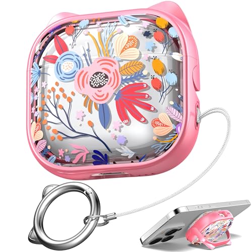 Image of for AirPods 4 Case with Cleaning Kit, Cute Cat Ear Print Design & Cute Buckle, Inverted Phone Holder Design, Top Safe Lock Buckle Design, for Girls AirPods 4 case 2024,Clear Flowers