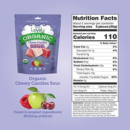 Organic Sour Chewy Candies - Lovely Candy Co. 5Oz Bag - Raspberry, Apple & Cherry Sour Candy Flavors | No Hfcs, Gluten Or Fake Ingredients, 100% Vegan! #TOP2