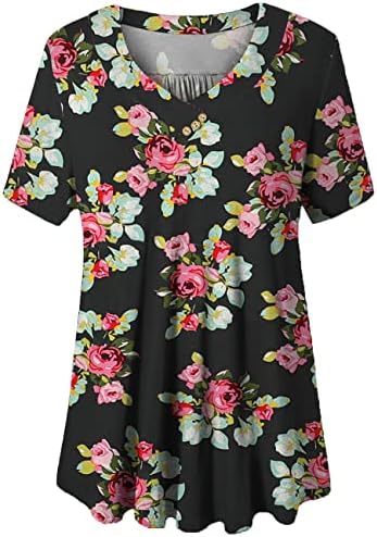 FOLUNSI Women's Plus Size Foral Printed Short Sleeve Henley V Neck Pleated Casual Flare Tunic Blouse Shirt Multi Black Flower XL