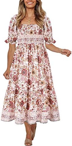 Women's Summer Bohemian Square Neck Floral Print Ruffle Vintage Flowy Beach Vacation Long Midi Boho Dress 17-L