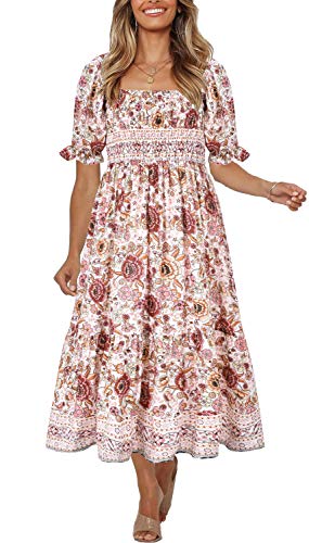 Women's Summer Bohemian Square Neck Floral Print Ruffle Vintage Flowy Beach Vacation Long Midi Boho Dress 17-L #TOP1
