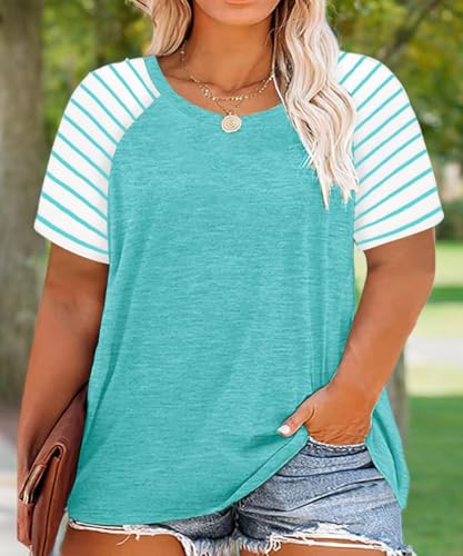 Image of CARCOS Plus Size Tops for Women Short Sleeve Raglan Striped Tee Color Block Crewneck /V Neck Tunic Loose Fit Summer XL-5XL