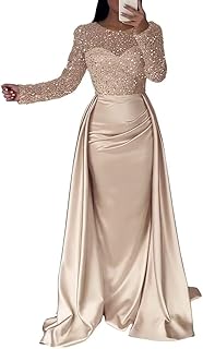 Long Sleeve Satin Prom Dresses Long Mermaid Sequin Formal Wedding Guest Evening Gowns with Train XPD02 - Buy now