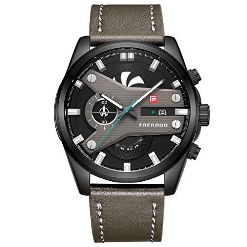 Preisvergleich Produktbild FAERDUO Herren Uhr Chronograph Quarz mit Army Green Leder Armband F8228