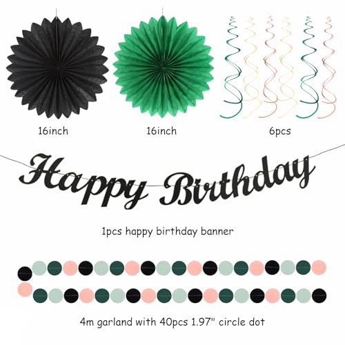 Image of Sage-Green Blush-Pink Black Birthday Party-decorations - 21pcs Girls Woman Happy Banner Garland, Paper Streamers Lanterns,Flower Tissue Pom Poms Fan Supplies,Wall Backdrop Decor Huglony