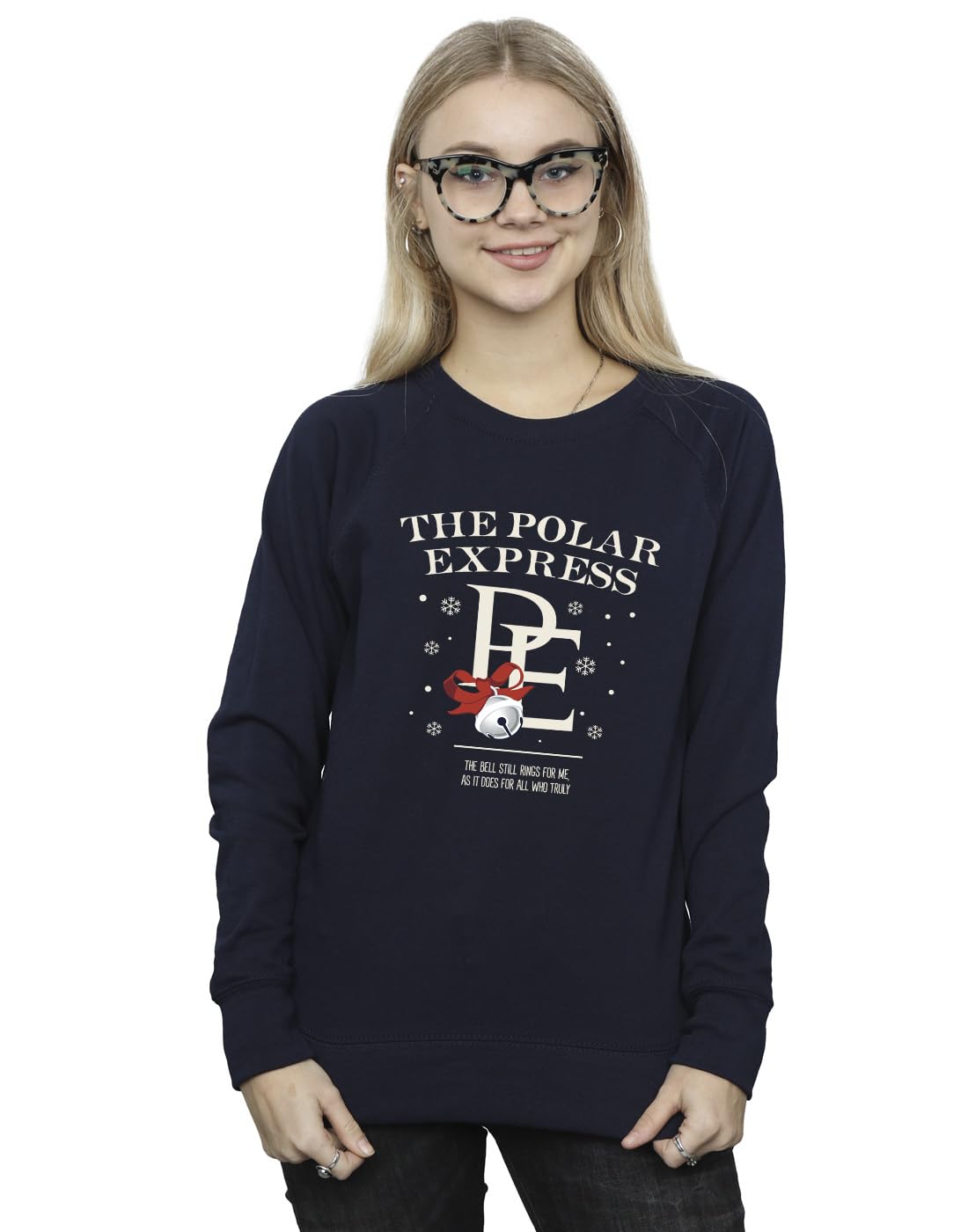 Absolute Cult Women's Navy Blue Official Licensed Polar Express-The Bell Still Ring- Adults' Sweatshirt - Bold Graphic Print, Comfortable Fit Uk - Machine Washable - Officially Licensed