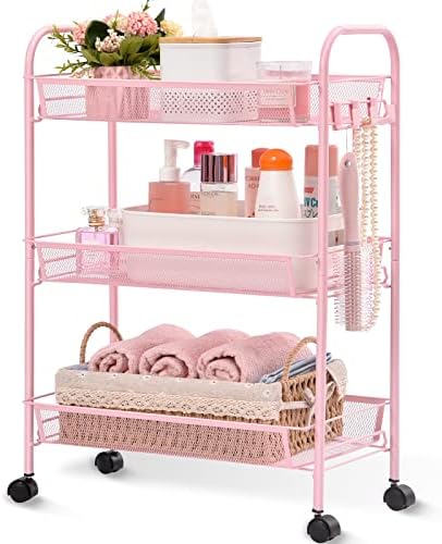 TOOLF 3-Tier Metal Rolling Cart, Mesh Wire Easy Assemble Utility Cart, Storage Trolley on Wheels with Hooks, Tiered Storage Shelving Organizer for Kitchen Bathroom Laundry Room