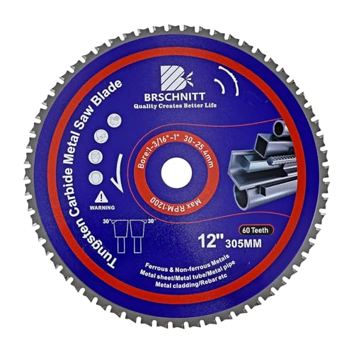 12" Metal Cutting Circular Saw Blade - BRSCHNITT Tungsten Carbide Tipped TCT Saw Blades for Iron, Iron Pipe, Ferrous Metals 60T Arbor:1-3/16"/1"