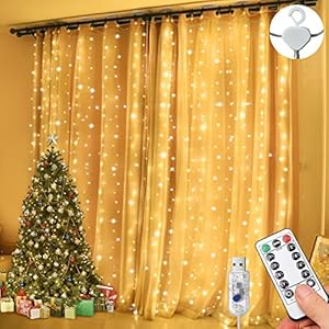 Curtain Fairy Lights Waterproof, 3m×3m 300LED Fairy Lights with 8 Modes Remote Control Timer Adjustable Brightness…