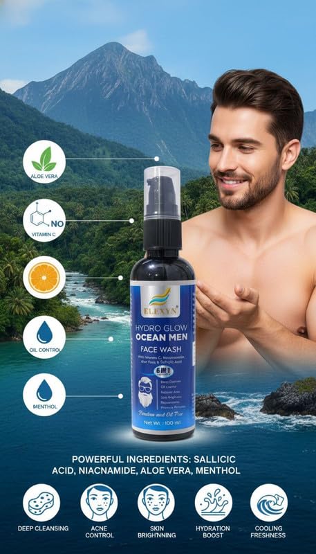 Image of ocean face wash for men with vitamin C & aloevera Fight Acne & Pimples Brighten Skin Clears Dirt Oil Control Refreshing Feel Multi Action Formula 300 ml