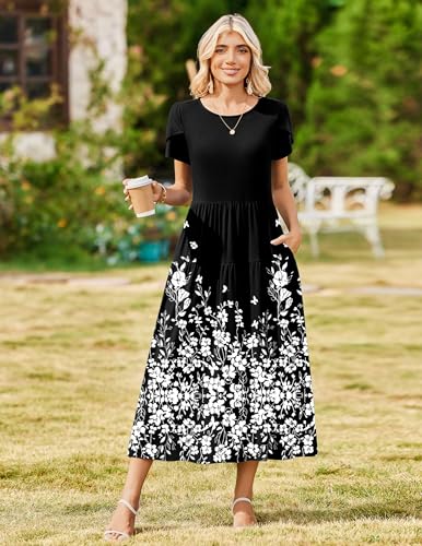 Image of Zeagoo Summer Dresses for Women 2026 Maxi Bohemian Floral Short Sleeve Long Dress Casual Flowy Tired Beach Sundress
