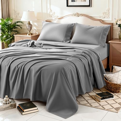 Image of 100% Egyptian Cotton Sheet Set 4 Pcs Queen Size Sheets 1000 Thread Count Breathable Soft Bedding Set Fitted Sheet with 16 inch Deep Pocket (Queen, Gray)