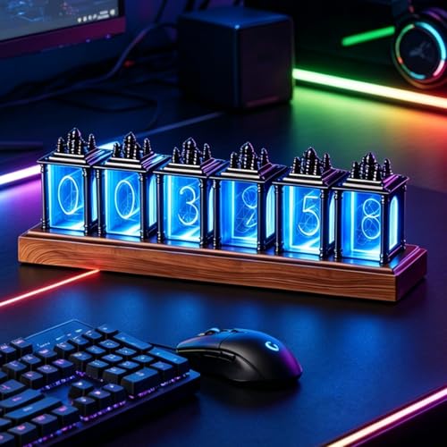 BAKENLON Nixie Tube Clock RGB LED Röhrenuhr LED Nixie Uhr 12/24-Stunden-Anzeige einstellbare Helligkeit und Farbe Uhren für Schlafzimmer Bar E-Sportzimmer kein Zusammenbau Erforderlich