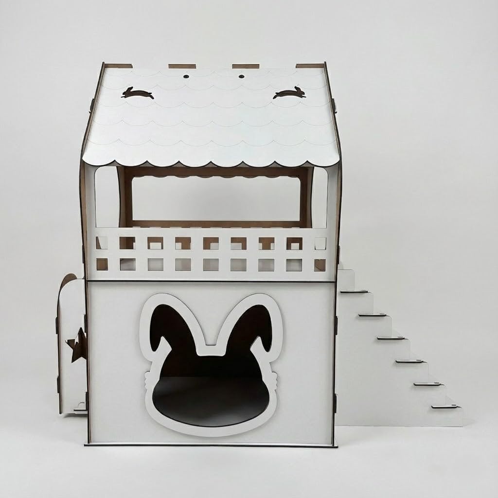 Casetta per Conigli per Interni, Bianca, 2 Livelli XL, Moderna Casetta per Piccoli Animali da Interno, con Pendenza e Balcone, Scatola per Mangiatoia, Accessori Conigli Nani