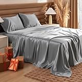 Bedsure Satin Sheets Queen Size - 4 Piece Silky Bedsheets with 15 Inches Deep Pocket Fitted Bedsheet,1 Flat Sheet, 2 Satin Pillowcases, Good for Hair & Skin (Queen, Silver Grey)