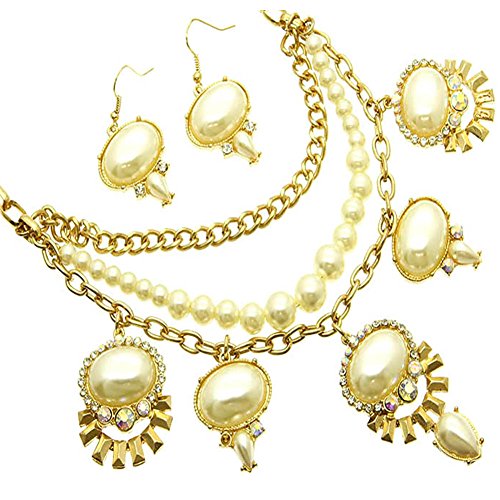 V G S Eternity Fashions Jewelry ~ Cream Round Imitation Faux Pearls Pendants Goldtone Necklace and Earrings Jewelry Set