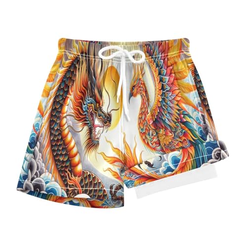 YANENDIE Boy Swim Trunks with Compression Liner Dragon and Phoenix Boys Swim Shorts Quick Dry Beach Shorts