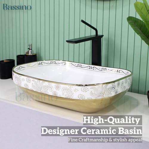 Image of BASSINO 20x14x6 Inches Ceramic Counter Top Wash Basin /White & Rose Gold Basin for Bathroom /Modern Design /Rectangular Shape Tabletop Washbasin for Restaurant /Dining Hall /Living Room /Home(Glossy)