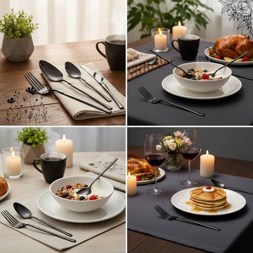 Image of 16 Pcs Black Slim Handle Stainless Steel Cutlery Set for Dining Table with Spoons and Forks Set + Butterknives - The Perfect Tableware /Flatware