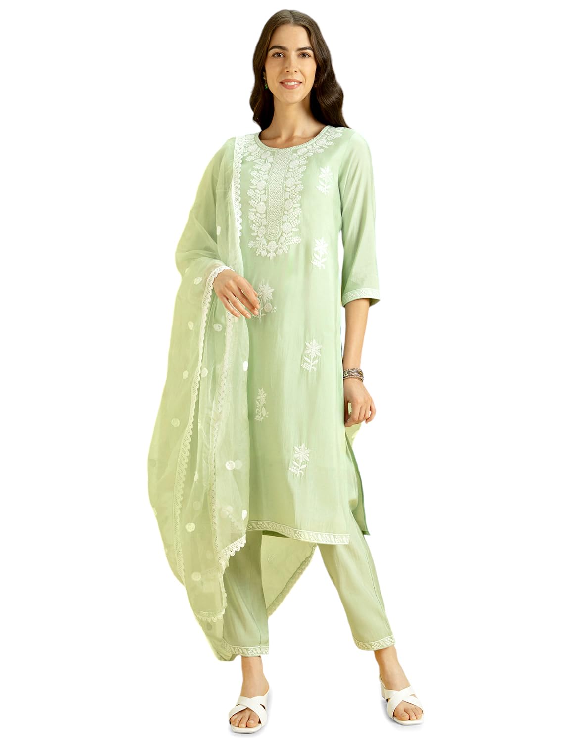 Kaari Women's Seafoam Green Solid Color Kurta Set With Dupatta - Straight Fit | Silk Blend Fabric | Placement Embroidery On Neck | Organza Dupatta With Booti Work | Straight Pant With Side Pocket & Hem Embroidery