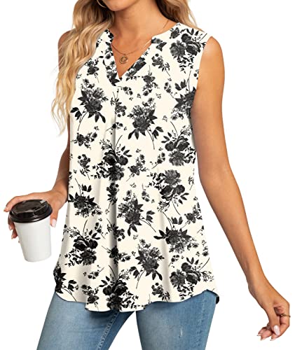 Anyhold Women's Summer Dressy Chiffon Notch V Neck Sleeveless Blouse Tops Loose Fit Casual Tank Tops Office Cute Work Shirts Large, Black Flower White #TOP1
