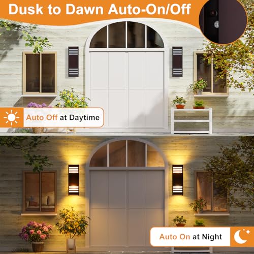 Image of Housen Solutions LED Dusk to Dawn Outdoor Lighting 2 Pack, Up Down Outdoor Wall Lights with Bulbs, IP65 Waterproof Sensor Exterior Light Fixture Wall Sconce for Porch, Bronze