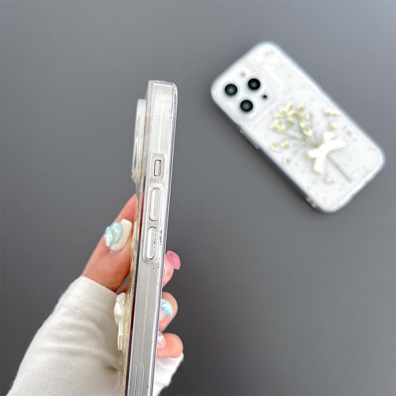 for iPhone 13 Pro Max - White Flower Bow Case - Full Star Real Flower Gold Foil Transparent Case - Soft TPU for Women and Girls 6.7 - Image 6