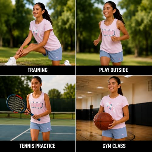 Image of PUMA Girls Active Shorts Set - 3 Piece Performance T-Shirt, Tank Top, Gym Shorts - Summer Athletic Outfit for Girls (7-14)