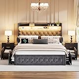 Ailisite Queen Size Bed Frame with 4 Storage Drawers, Velvet Upholstered Queen Platform Bed with Charging Station and Bookcase Storage Headboard and Led Lights, Wingback Headboard with Crystal, Grey