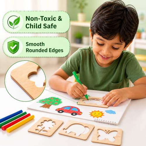 Image of Pandaworld Kids Wooden Painting Stencil kit (20 pcs) with Crayons, Sketch pens and Pencil Colors, Wooden Drawing Craft, Colouring Puzzle kit | Birthday Gift for Boys & Girls Age 3 4 5 6+ Years