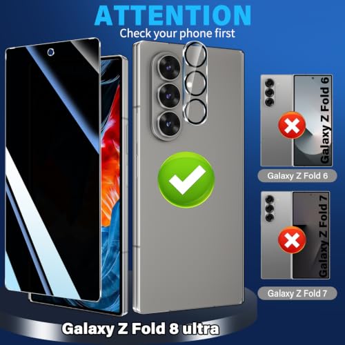 Image of 3 Pack Privacy Screen Protector for Samsung Galaxy Z Fold 8 Ultra Tempered Glass + 2 Pack Camera Lens Protector, True 25Anti Spy, 9H Hardness, Fingerprint Unlock, Case Friendly Bubble-Free