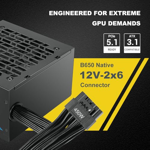 B650 650W Alimentatore ATX 3.1, Certificato 80+ Bronze, Supporto PCIe 5.1 450W, Non-Modulare, Ventola Silenziosa a Controllo di Temperatura 120mm, Active PFC, Garanzia 3 Anni per PC Gaming - Alimentatore - Immagine 6